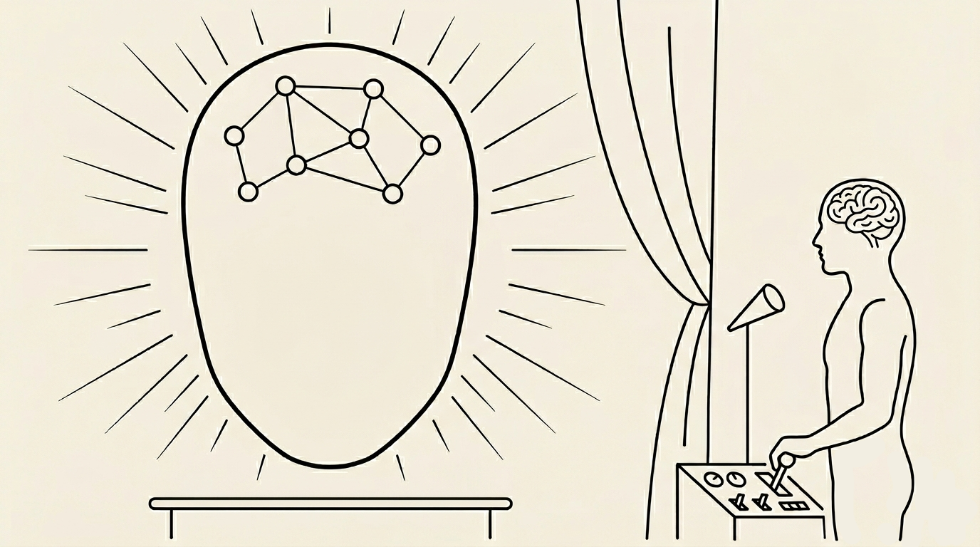 A line illustration in cream and black depicting a Wizard of Oz scene reinterpreted for AI doomerism. On the left, a large luminous oval — radiating light like a projected face — contains a small abstract network graph of nodes and edges in place of any actual face or figure. The oval rests on a low platform. On the right, partly hidden behind a curtain, a small standing figure operates a lectern with controls; the figure has a visible brain symbol where a head would be, and is reaching toward the apparatus. The image inverts the Oz scene: the projected presence is the AI, the operator behind the curtain is the human doomsayer, and the apparatus between them is the projection equipment that makes the projection appear self-generated.